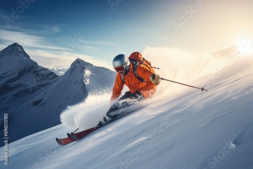 A man riding skis down the side of a snow covered slope. Perfect for winter sports and outdoor activities