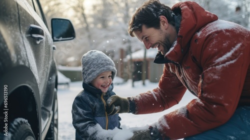 A man and child having fun and playing in the snow. Suitable for winter activities and family bonding