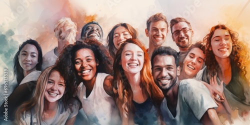 A painting of a group of people with joyful expressions. Perfect for adding a cheerful touch to any project