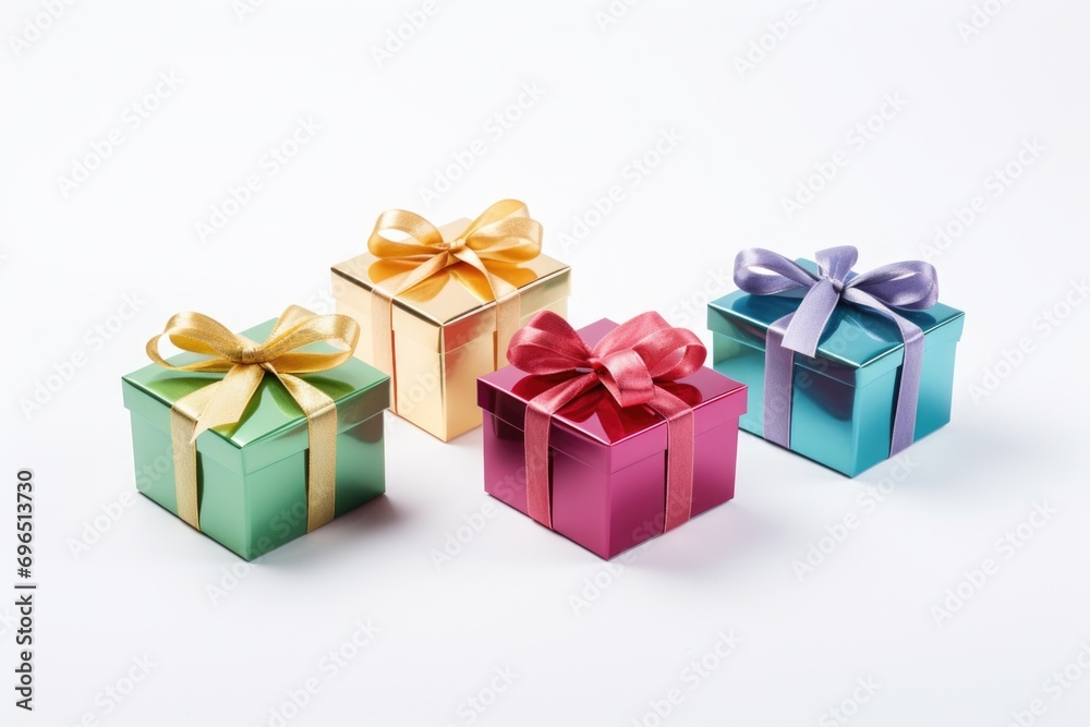 Three vibrant gift boxes with decorative bows on a clean white background. Perfect for any occasion or celebration