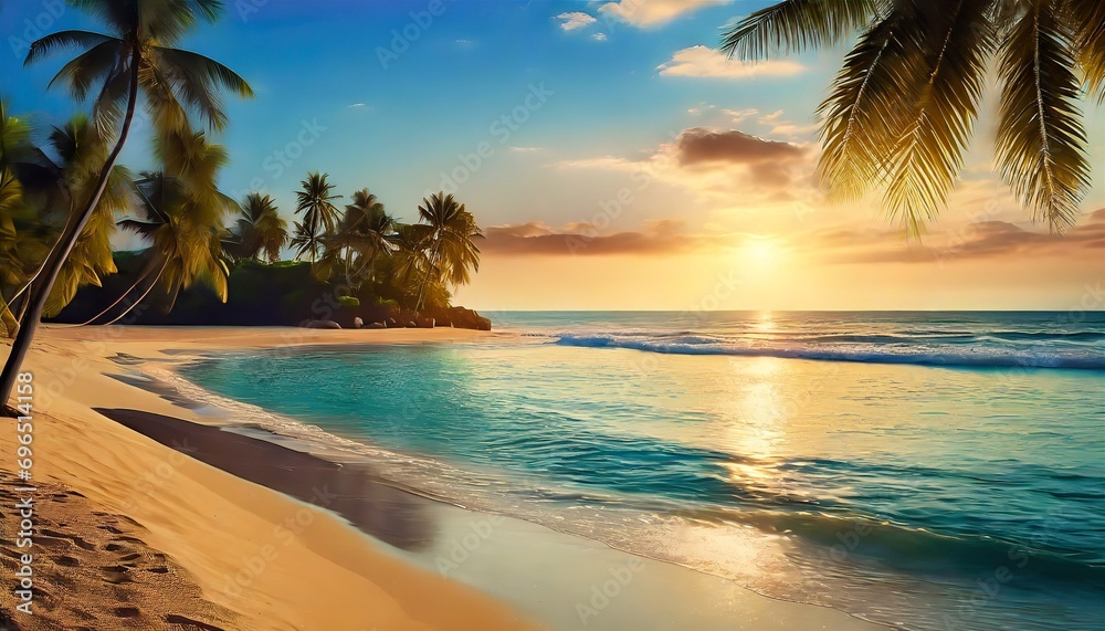 a stunningly realistic beach scene in 4k ultra hd with crystal clear turquoise waters golden sands and lush palm trees swaying in a gentle breeze sunset over the ocean