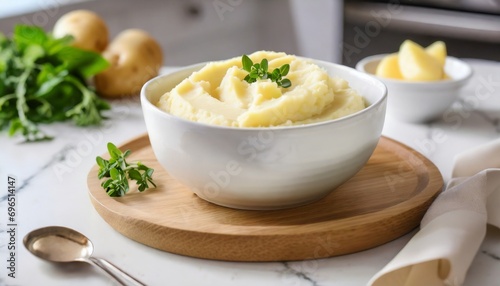 creamy mashed potatoes in white bowl in white kitchen healthy food generative ai