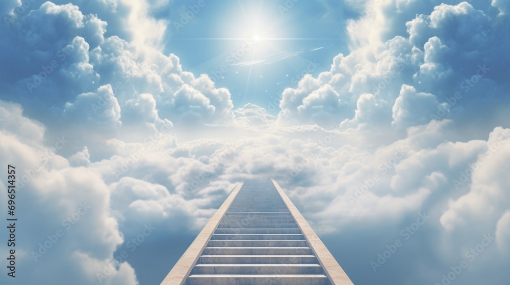 A ladder extending upward into the clouds, offering a metaphorical pathway to the sky. Suitable for illustrating aspirations, opportunities, and journeys to new heights - obrazy, fototapety, plakaty 