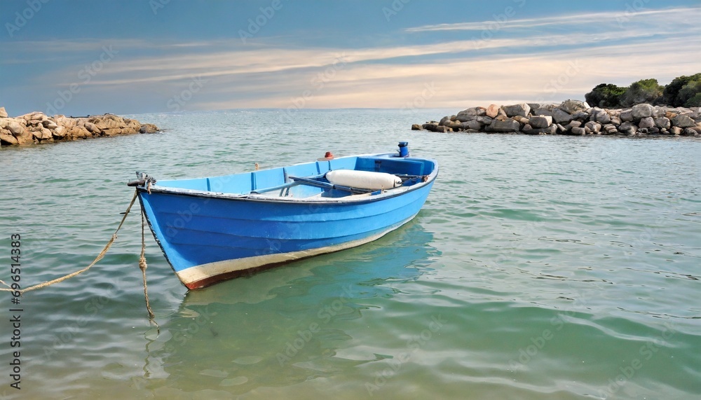 small blue boat at anchor