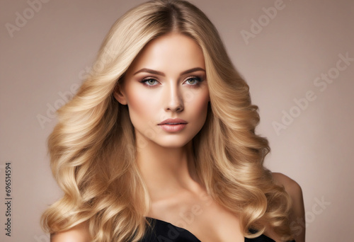 Gorgeous blonde woman with flawless hair and timeless makeup. Stunning facial features captured in a studio setting.