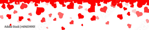 Seamless hearts border. Flying red hearts confetti. Valentine's Day background with a red falling hearts. Love concept. Hearts frame.