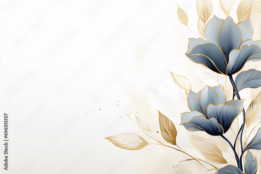 Abstract Art background. Vector luxury minimalism style, art deco. Golden flowers on a gray background. Place for an inscription.