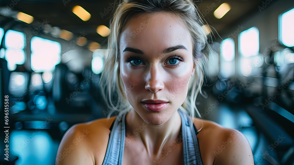 closeup headshot portrait of young girl working out in a gym after an intense workout closeup headshot portrait of young girl working out in a gym after an intense workout