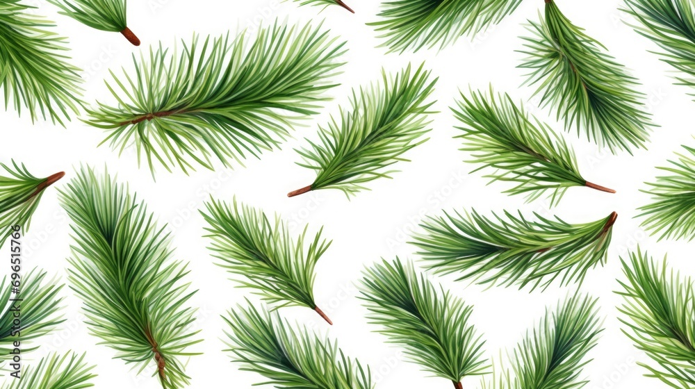 A repetitive pattern of pine branches on a clean white background. Perfect for adding a touch of nature to your designs or decorations