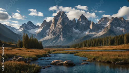 Landscape with an autumn river at the foot of majestic snowy peaks.