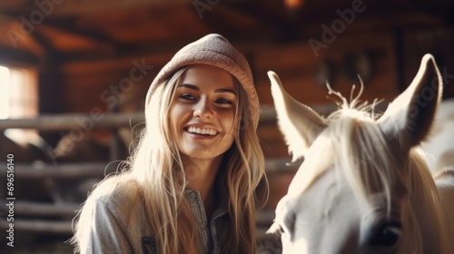 A woman with a smile stands next to a horse. This image can be used to depict a connection between humans and animals