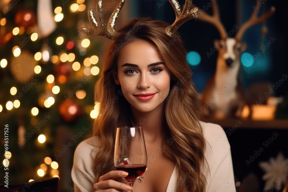 Graceful Woman Wearing Reindeer Antler Hoop And Holding Wine Glass Against Christmas Tree Scene Graceful Woman Wearing Reindeer Antler Hoop And Holding Wine Glass Against Christmas Tree Scene