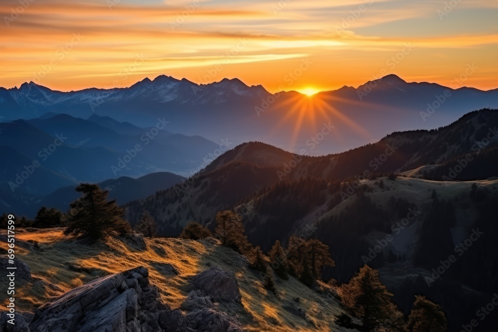 Breathtaking View With Peachyorange Sunset Over Peaks For Mountain Hiking