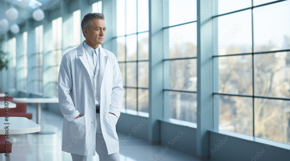 An adult general practitioner in a white medical uniform walks along a hospital corridor, copy space for the concept of affordable medicine and healthcare, World Health Day. An adult general practitioner in a white medical uniform walks along a hospital corridor, copy space for the concept of affordable medicine and healthcare, World Health Day.