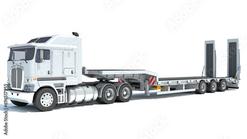 Truck with Lowboy Trailer 3D rendering on white background