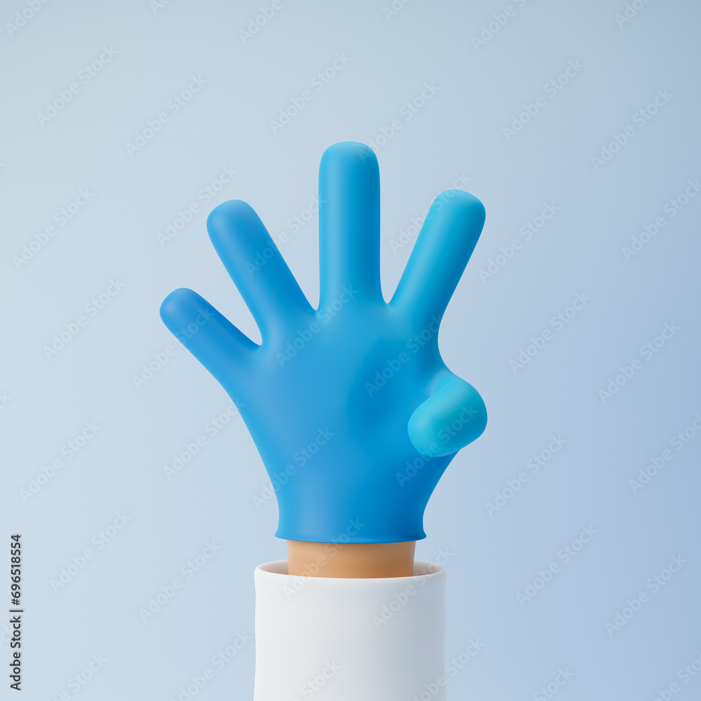 Obraz premium Doctor cartoon hand in medical glove showing four fingers counting isolated over blue background. 3d rendering.