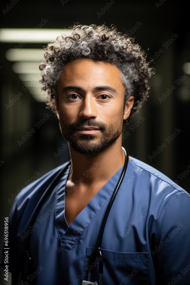 Fototapeta premium Closeup portrait of a doctor in blue special clothes with a stethoscope around his neck on a blurred background of a modern clinic, vertical portrait of a specialist on World Health Day
