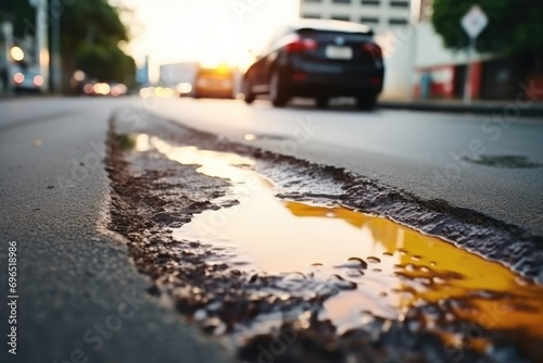 Petrol Stain Pollutes Asphalt Road, Causing Puddle