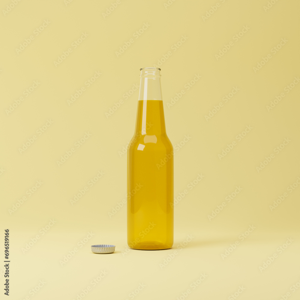Open beer bottle isolated over yellow background. Mockup template. 3d rendering. Open beer bottle isolated over yellow background. Mockup template. 3d rendering.