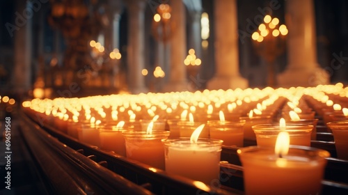 A row of lit candles in a church, perfect for religious or spiritual themes