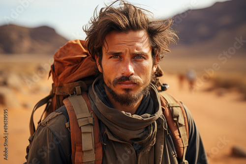 archaeologist against the backdrop of a vast desert, carrying tools of exploration, conveying the cinematic drama of archaeological adventures in a photo photo