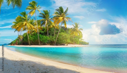 beautiful tropical island with palm trees and beach panorama as background image © Makayla