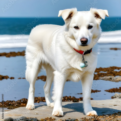 White dog on shore