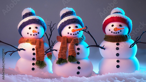 Três bonecos de neve com touca e cachecol em uma noite gelada de inverno. photo