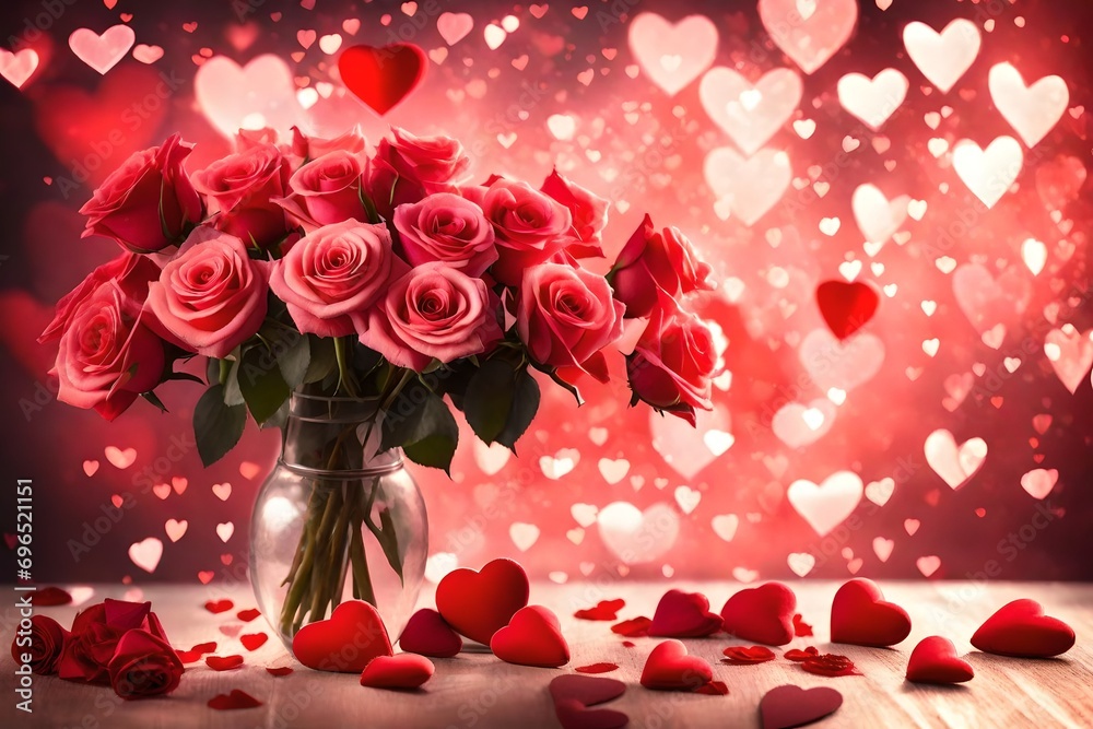A captivating Valentine's Day composition featuring a bouquet of roses and hearts A captivating Valentine's Day composition featuring a bouquet of roses and hearts