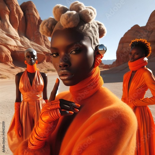 A high-fashion photo featuring an african american female model in orange outfit avant-garde futuristic design. Desert canyon landscape as a background.