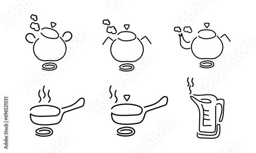 Set of dishes on the stove - pots, pans and kettles on the stove, contour black linear silhouettes. Vector linear icons for cookbook design, cookware packaging, web design