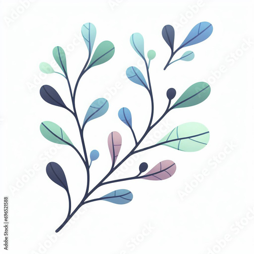 Hand drawn, doodle branch with colorful leaves. Floral element for design of greeting card, invitations and more. Illustration, isolated on white background.