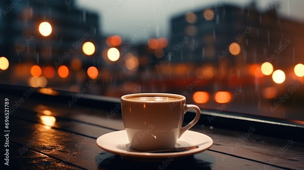 Obraz premium A cup of coffee sitting on top of a wooden table. Perfect for coffee shop menus or lifestyle blogs