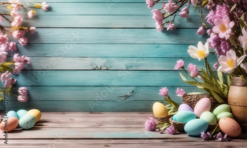 Empty wooden table background - easter spring theme 