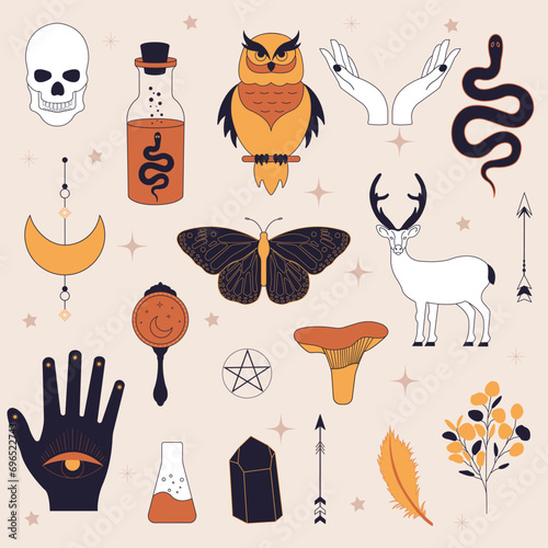 Witchy magic set. Set of witchcraft items. Collection of witchy magic and esoteric equipment. Vector illustration of mythical elements.