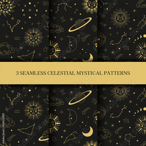 Celestial mystical astrology seamless patterns. Set of celestial mystic esoteric seamless patterns.. Mystic moon, sun, star, zodiac symbols and constellation vector set.