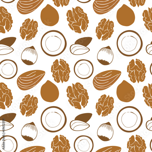 Seamless pattern with different nuts and seeds in soft brown colors. Trendy texture design for food packaging, kitchen wallpaper, textile, grocery shop decor. Vector illustration isolated on white