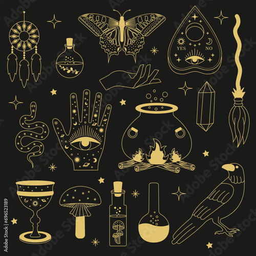 Witchy magic set. Set of witchcraft items. Collection of witchy magic and esoteric equipment. Vector illustration of mythical elements.