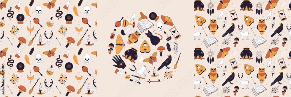 Witchy magic set. Seamless patterns and set. Set with witchcraft items. Collection of witchy magic and esoteric equipment. Vector illustration of mythical elements. Witchy magic set. Seamless patterns and set. Set with witchcraft items. Collection of witchy magic and esoteric equipment. Vector illustration of mythical elements.