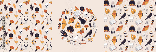 Witchy magic set. Seamless patterns and set. Set with witchcraft items. Collection of witchy magic and esoteric equipment. Vector illustration of mythical elements.