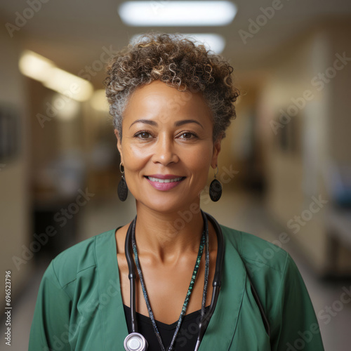 Portrait of positive female African American doctor or nurse posing with crossed arms and smiling looking at camera isolated over white studio background wall, lady wearing blue coat and stethoscope. 