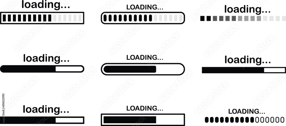 Load indicator. Loading status bar, download progress and line upload or file transfer waiting bars vector symbols set. Line visualization elements collection - obrazy, fototapety, plakaty 