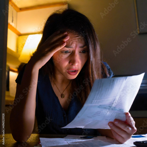 Woman looking at bill shocked surprise facial expression