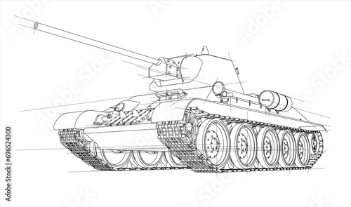 Soviet medium tank during World War II. Tank blueprint. Coloring page. Line drawing. Coloring book for children.	