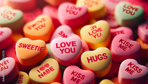 A close-up view of colorful candy hearts with Valentine's messages on them. The candies are in soft pastel colors like pink, yellow, green, and blue. 