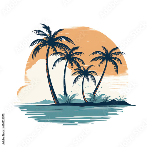 T-shirt design of beach with palm trees logo, white background © Lenuccia
