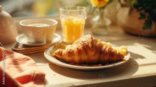 A plate of delicious croissants accompanied by a refreshing glass of orange juice. Perfect for a satisfying breakfast.