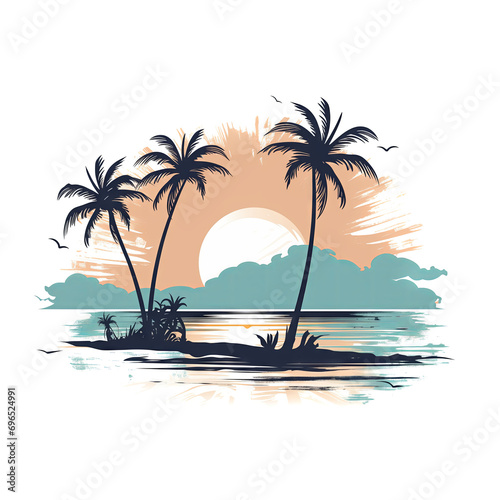 T-shirt design of beach with palm trees logo, white background