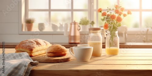 A wooden table with a spread of freshly baked bread and a steaming cup of coffee. Perfect for showcasing a delicious breakfast or brunch. Ideal for food blogs, recipe websites, and cafe promotions