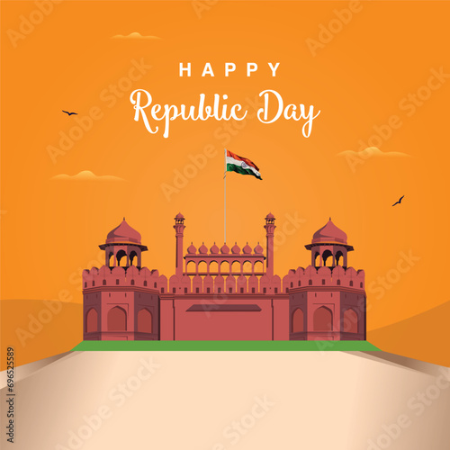 Indian republic Day celebrations with 26th January india, Red Fort, India Flag, Vector Illustration